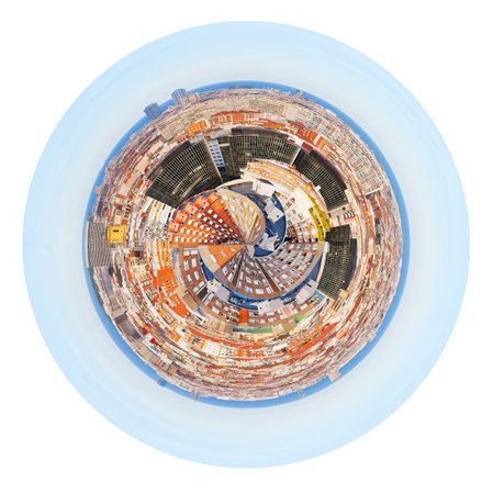 little planet - urban spherical panorama of residential area in Barcelona, Spain isolated on white...
