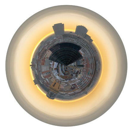 little planet - spherical panorama of Skyscrapers and residential district in Barcelona, Spain isolated on white backgroundの写真素材