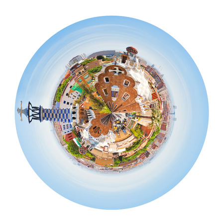 little planet - spherical panoramic Barcelona view from Park Guell, Spain isolated on white backgroundの写真素材