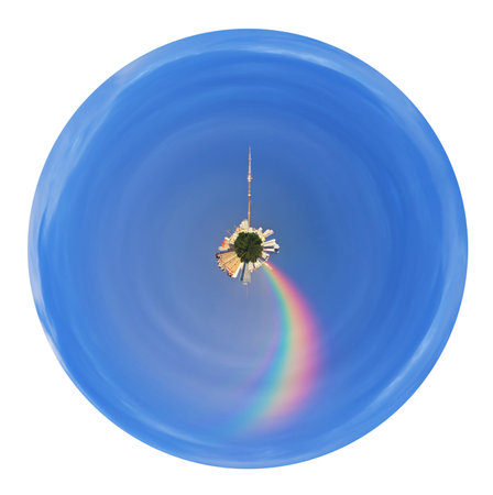 little planet - urban spherical panorama of Moscow with TV tower and rainbow in blue sky isolated on...