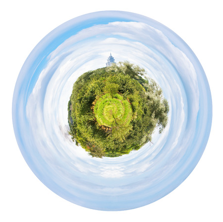 little planet - spherical view of urban apple tree orchard in summer day isolated on white backgroundの写真素材
