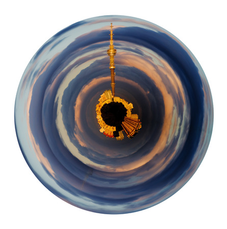 little planet - spherical panorama of sunset with dark blue clouds isolated on white backgroundのeditorial素材