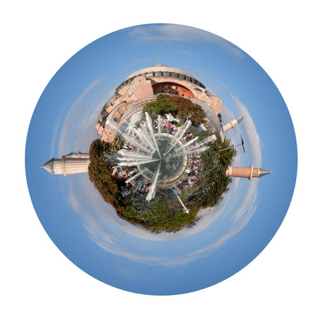 little planet - urban spherical view on Sultanahmet square with fountain and Haghia Sophia cathedral...