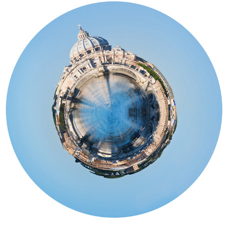 little planet - urban spherical view of Tiber river and St Peter Basilica in Rome isolated on white backgroundのeditorial素材