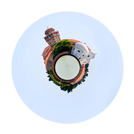 little planet - spherical view of cemetery on San Michele island in Venice, Italy isolated on white backgroundの写真素材
