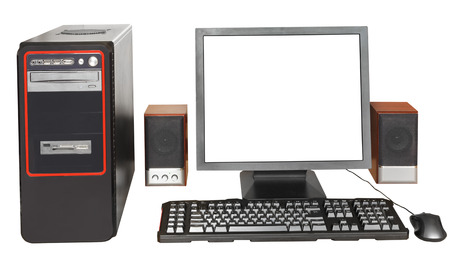 black desktop computer, display with cutout screen, keyboard, mouse, speakers isolated on white backgroundの写真素材
