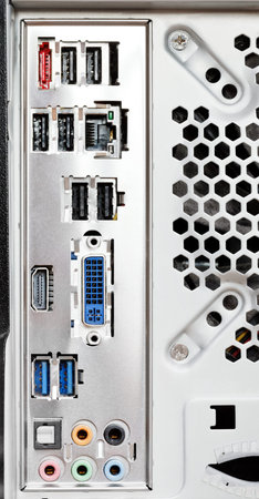 motherboard connectors on the back of the computer close up