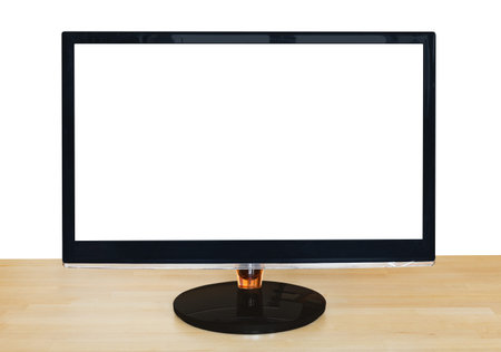 front view of computer black widescreen display with cut out screen on wooden table isolated on...