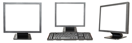 set of black computer displays with cutout screen isolated on white backgroundの写真素材