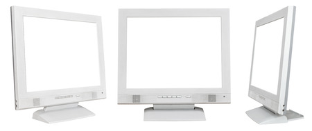 set of grey computer displays with cutout screen isolated on white backgroundの写真素材