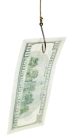 fishing with hundred dollars lure on fishhook isolated on white backgroundの写真素材