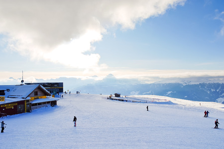 VAL GARDENA, ITALY - JANUARY 14, 2010: people on skisport in Val Gardena, Dolomites, Italy. Val Gardena is a 25 km long tributary valley of Val d Isarco and locates north-west of Dolomitesのeditorial素材