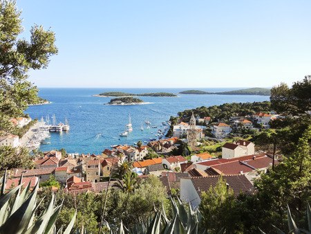 above view of town on Hvar island in Adriatic Sea, Dalmatia, Croatiaの写真素材