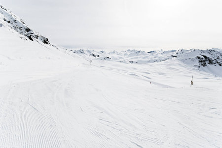 ski runs on snow slopes of mountains in Paradiski region, Val d'Isere - Tignes , Franceの写真素材