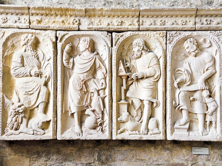 MONT SAINT-MICHEL, FRANCE - AUGUST 9, 2014: reliefs in Church-abbey of Mont Saint Michel. The abbey has been protected as a French monument historique from 1862のeditorial素材