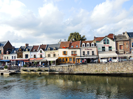 AMIENS, FRANCE - AUGUST 10, 2014: view of Quai Belu on Somme river in Amiens city, France. Amiens is the capital of the Somme department in Picardy, France.のeditorial素材