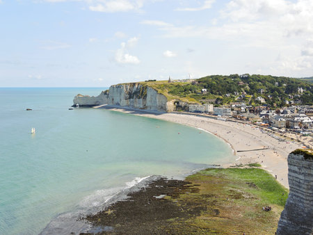 view of etretat resort village on english channel beach of cote d