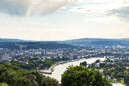 above view of Deutsches Eck (German Corner) at the confluence of Moselle and Rhine rivers in Koblenz...