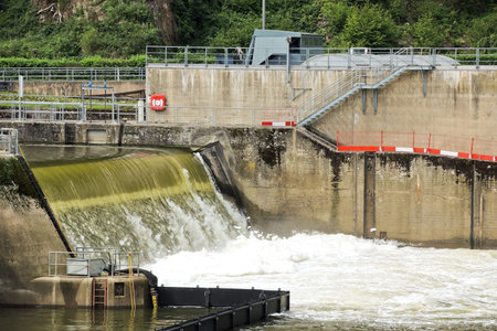 water overflow in sluice chamber on Moselle river, Germany