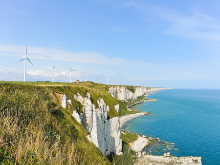 wind turbines on english channel shore in Normandy of etretat cote d