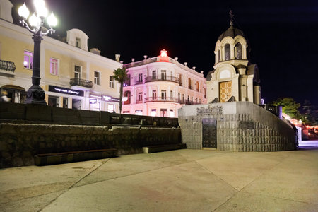 YALTA, RUSSIA - OCTOBER 2, 2014: chapel on quay in Yalta city in night. Yalta is resort city on the north coast of the Black Sea on the Crimean peninsula.のeditorial素材