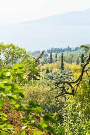 view of Black Sea coast from Nikitsky Botanical Garden, Southern Coast of Crimeaの写真素材