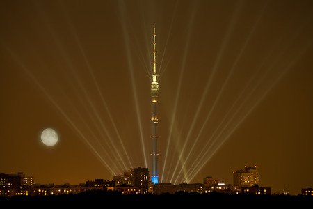 full moon over illuminated Moscow city and Ostankino TV Towerのeditorial素材