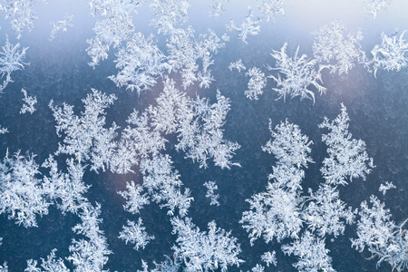 sunlight spots and frosty pattern on window at winter dawnの写真素材