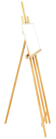 simple easel with picture frame with cut out canvas isolated on white backgroundの写真素材