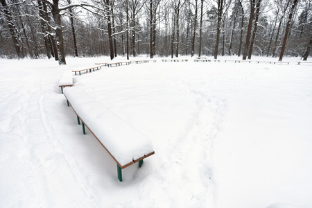 snow covered public area with benches in city park in winterの写真素材