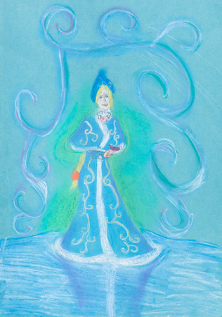 child's drawing - snow maiden on blue iceの写真素材