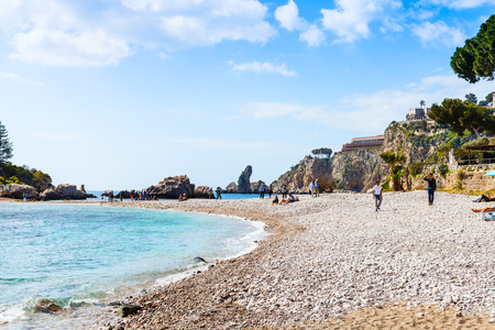 TAORMINA, ITALY - APRIL 3, 2015: beach Isola Bella island on Ionian Sea, Sicily. Also known as The Pearl of the Ionian Sea in 1990 the island being turned into nature reserve, administrated by WWFのeditorial素材