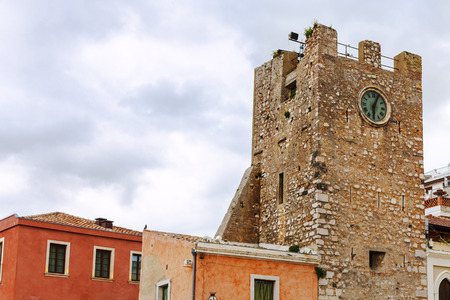 The Clock Tower on 9th of April Square in Taormina, Sicilyの写真素材