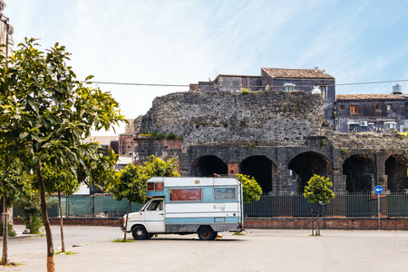 view of Roman Odeon from Via Teatro Greco in Catania city, Sicily, Italyの写真素材