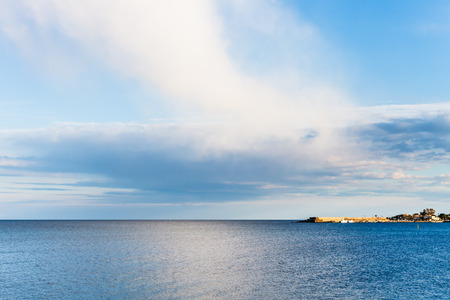 view of calm Ionian Sea near Giardini Naxos resort after rain in spring, Sicilyの写真素材