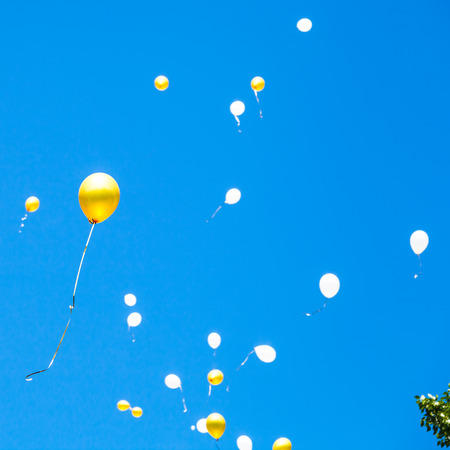 toy balloons rise in the blue sky in sunny summer dayの写真素材