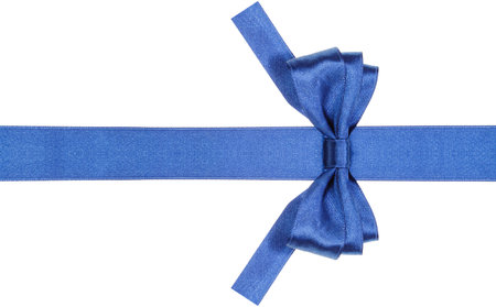 symmetric blue satin bow with square cut ends on silk ribbon isolated on white backgroundの写真素材