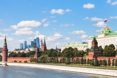 Moscow skyline - Kremlin embankment, State Palace, Moscow City district in sunny summer dayのeditorial素材