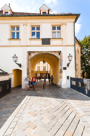 BRATISLAVA, SLOVAKIA - SEPTEMBER 23, 2015: people in gate to Michalska street in Bratislava. In Middle Ages this street was part of a busy trade route linking the Baltic Sea with the Danubeのeditorial素材