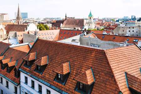 travel to Bratislava city - above view of orange tile roofs of houses in old town of Bratislavaのeditorial素材