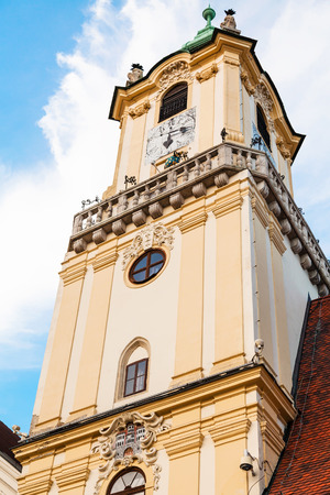 travel to Bratislava city - view of tower of Old Town Hall from Main Square in Bratislavaのeditorial素材