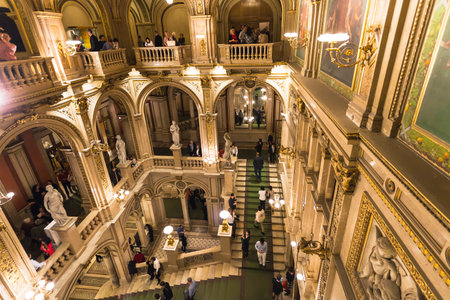 VIENNA, AUSTRIA - SEPTEMBER 28, 2015: people on steps in Vienna State Opera House. Wiener Staatsoper...