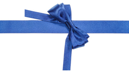 Turned real blue satin bow on narrow ribbon isolated on white backgroundの写真素材
