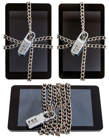 set of tablet pc wrapped by chain and closed by combination lockの写真素材