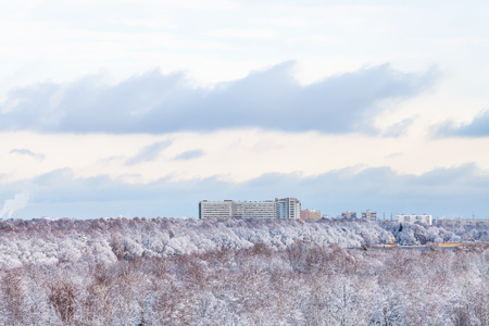blue clouds over urban park and houses in winter seasonの写真素材