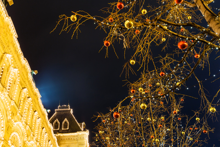 Christmas decoration on Red Square in Moscow city in nightの写真素材