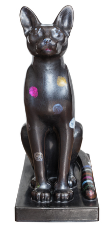 front view of modern hand made ceramic replica of cat statue from Ancient Egypt isolated on white backgroundの写真素材