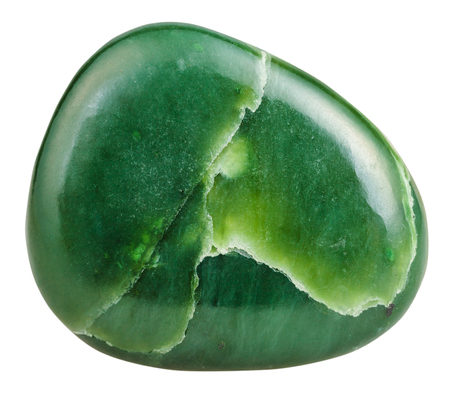 macro shooting of natural gemstone - polished green Nephrite (jade) mineral gem stone isolated on white backgroundの写真素材