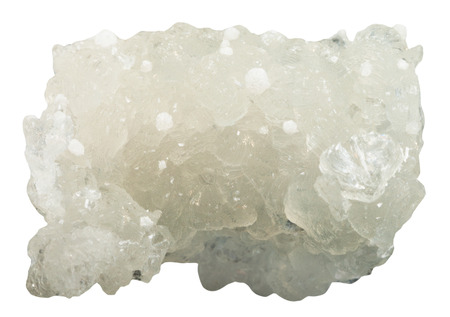 macro shooting of natural mineral stone - raw prehnite gemstone with white Okenite crystals isolated on white backgroundの写真素材