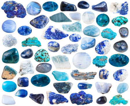 set of blue natural mineral stones and gemstones isolated on white backgroundの写真素材